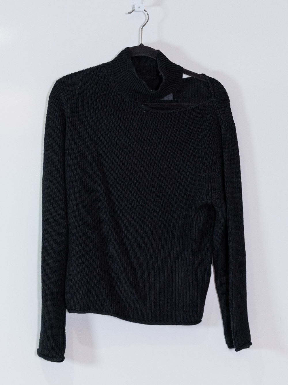 RTA Cotton Knit Stretch Mock Neck Cut Out Long Sleeve Pullover Sweater Black S